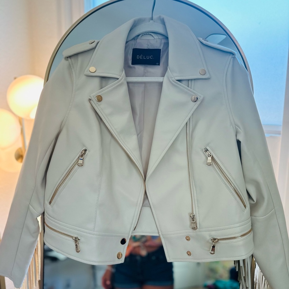 Deluc Women's Cream Leather Biker Jacket with fringe